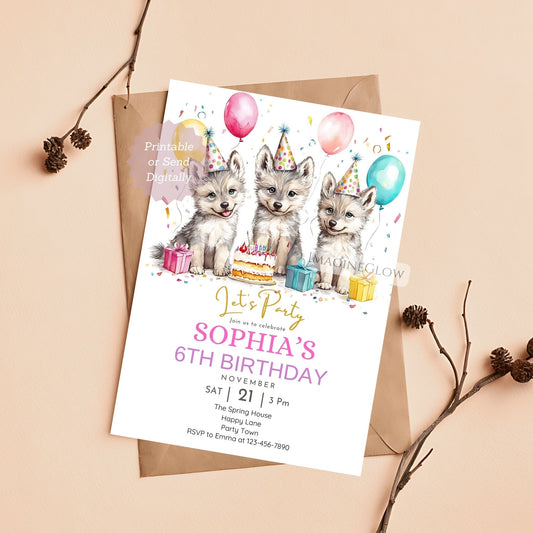 Wolf birthday invitation for girls
