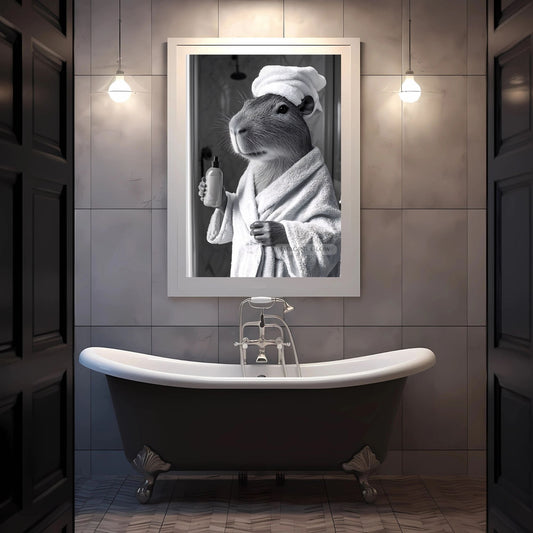 Capybara print animal bathroom wall art black and white
