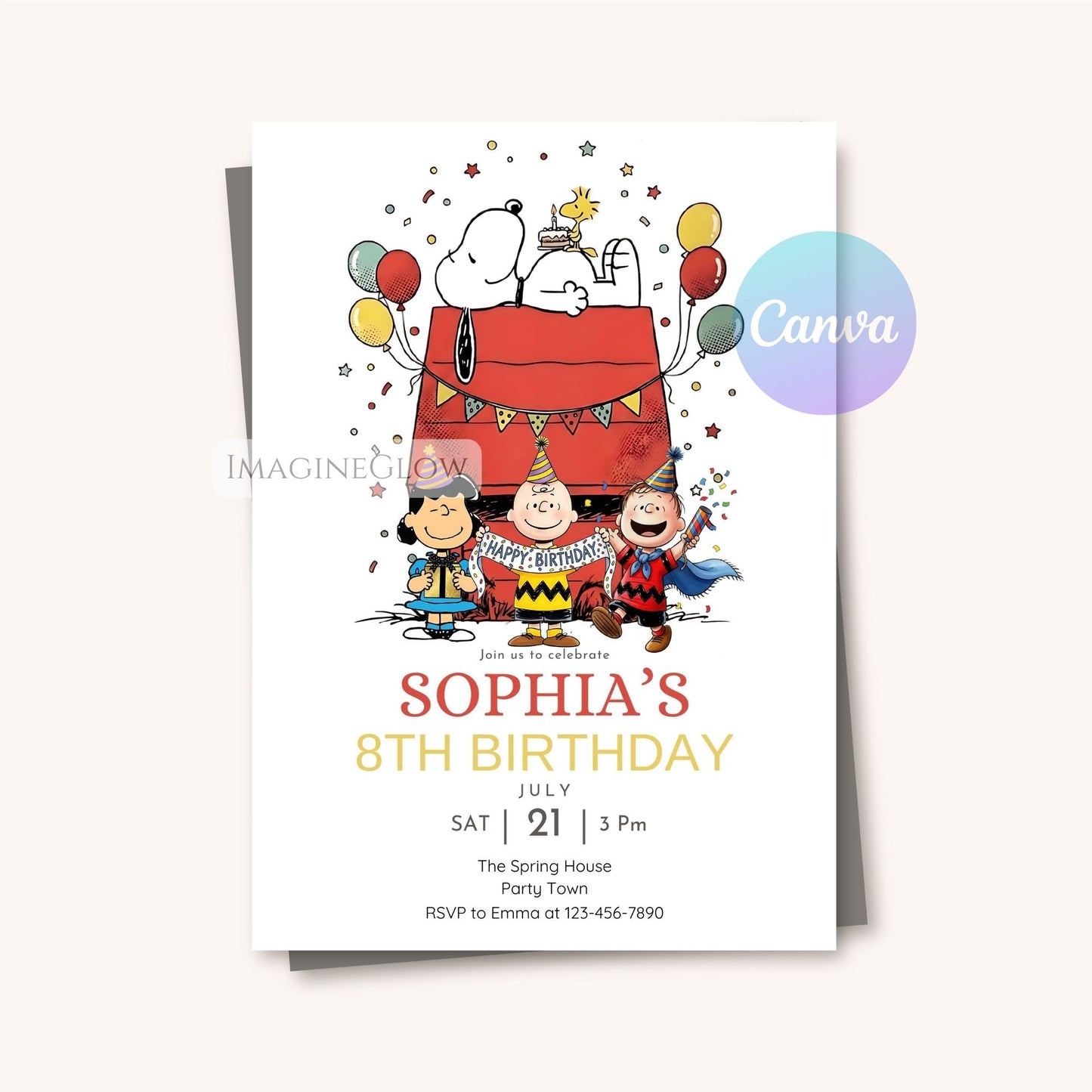 cartoon snoopy party invitation
kids peanuts birthday invitation
