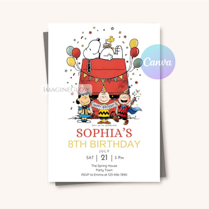cartoon snoopy party invitation
kids peanuts birthday invitation
