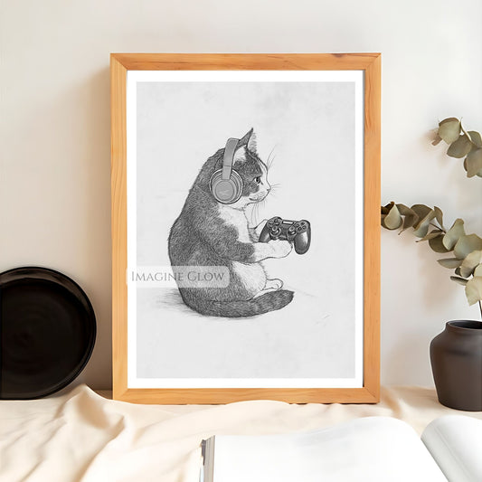 Playful gaming cat print for wall art
