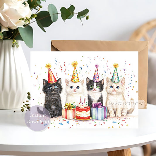 Birthday card with four kittens wearing party hats on a white surface with flowers in the background.