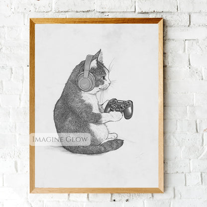 Video game print featuring a cat gamer
