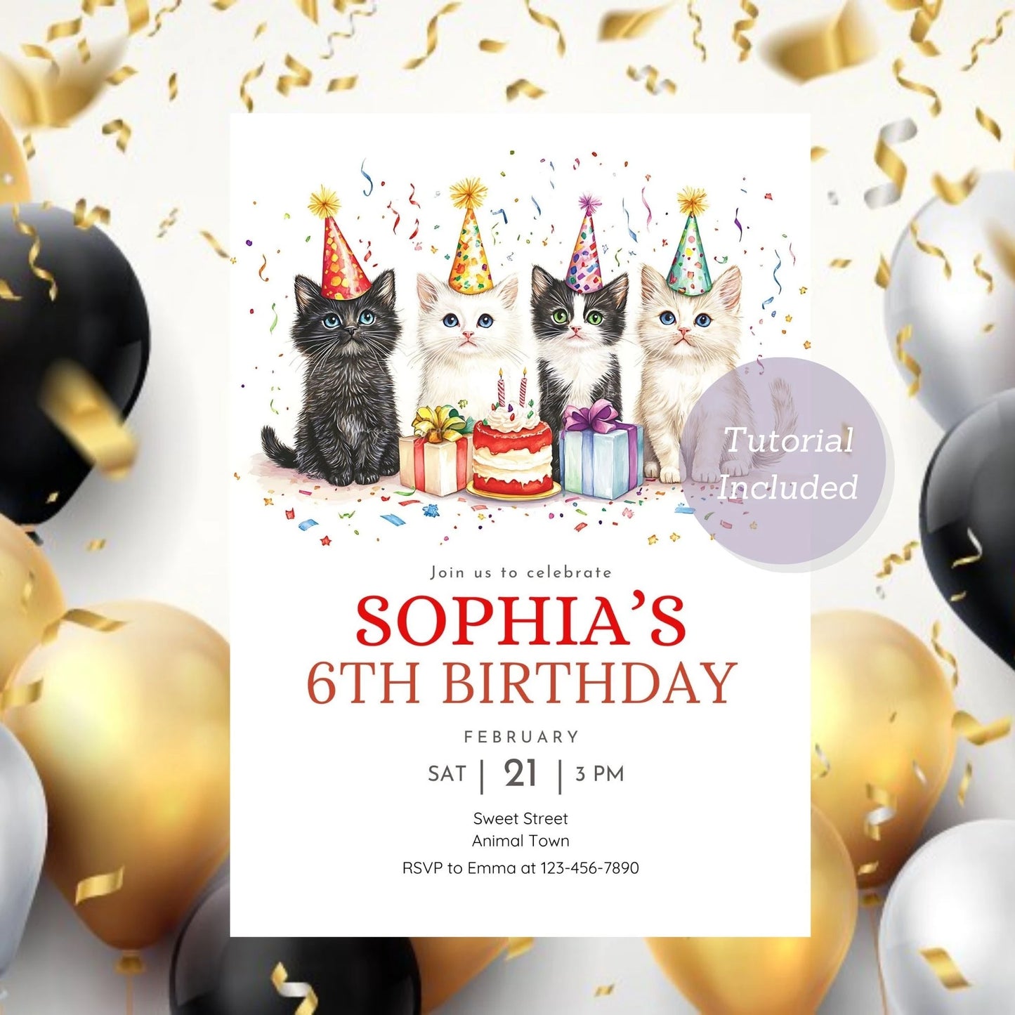 Custom cat lover invitation for a unique kitty-themed party.
Cute and fun cat birthday party invitation template, editable design.