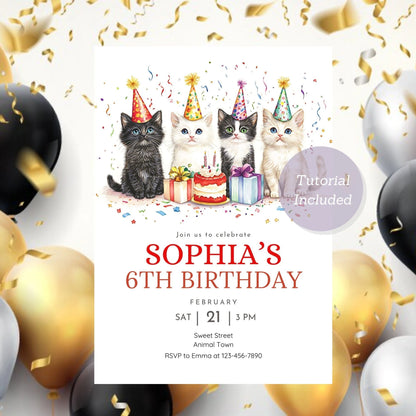 Custom cat lover invitation for a unique kitty-themed party.
Cute and fun cat birthday party invitation template, editable design.