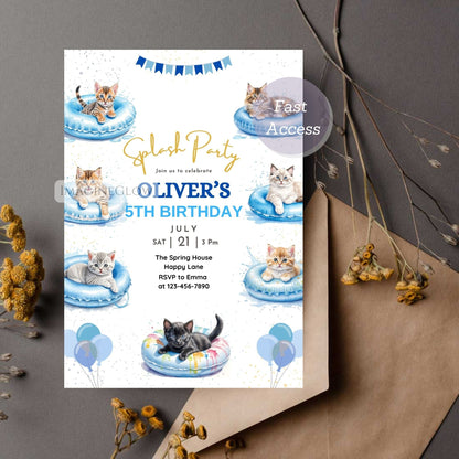 cat pool party birthday invitation
