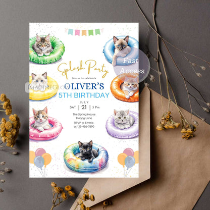 Birthday party invitation with cats in colorful inner tubes on a gray surface.
