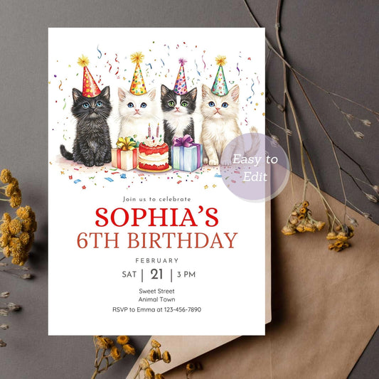 Kitty-themed birthday invitation featuring adorable cat designs.
