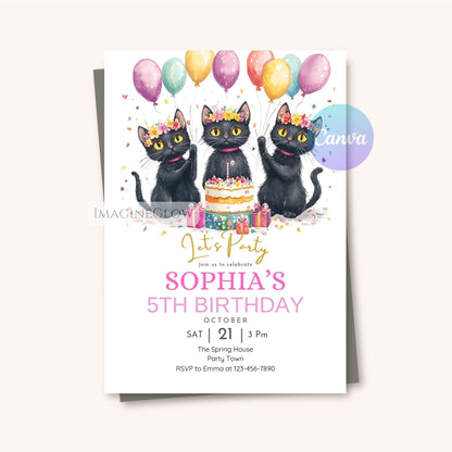 cat themed birthday party invitation printable
