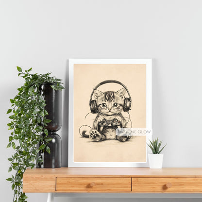 Cool gamer cat wearing headphones wall art
