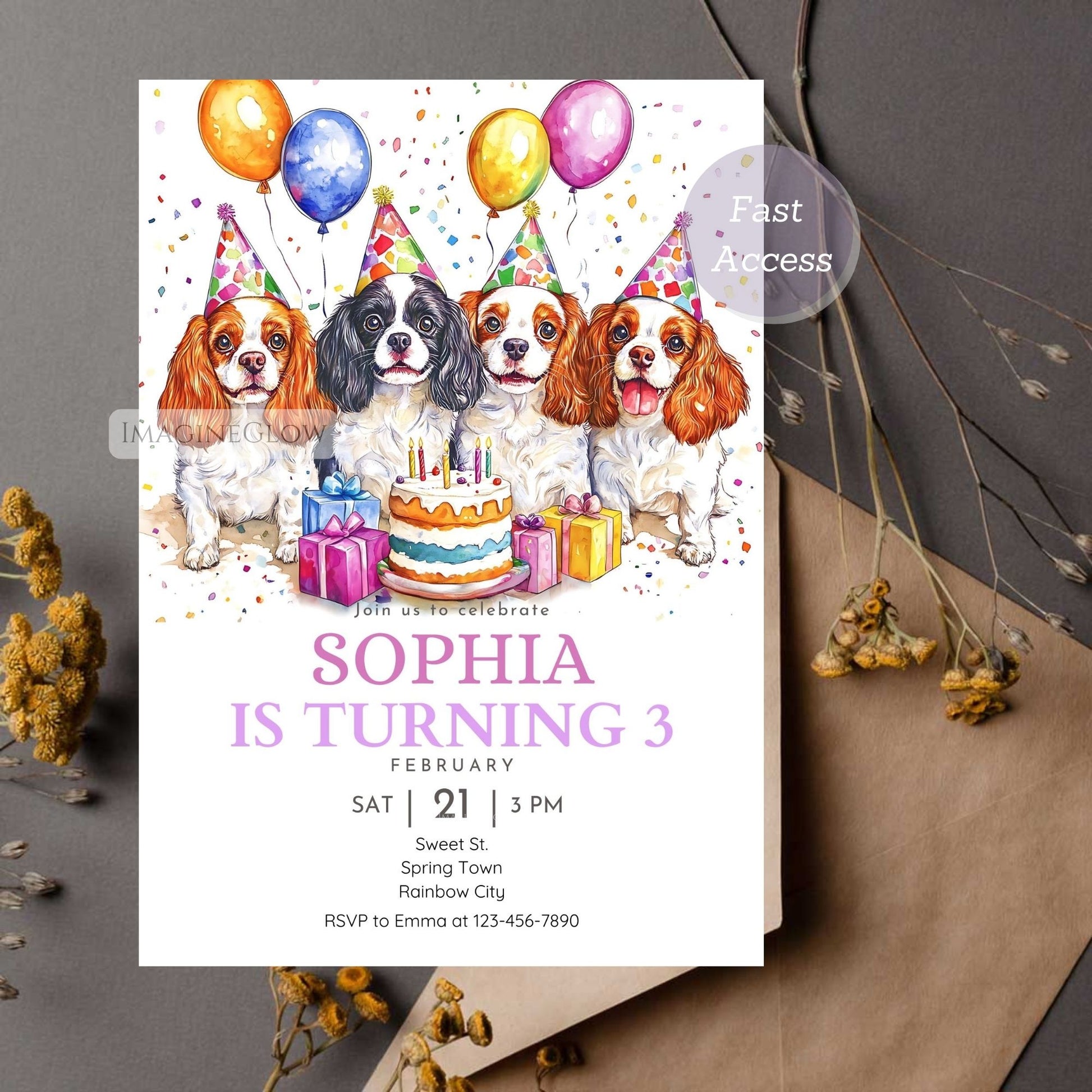 Cavalier King Charles Spaniel birthday invitation with cute design
