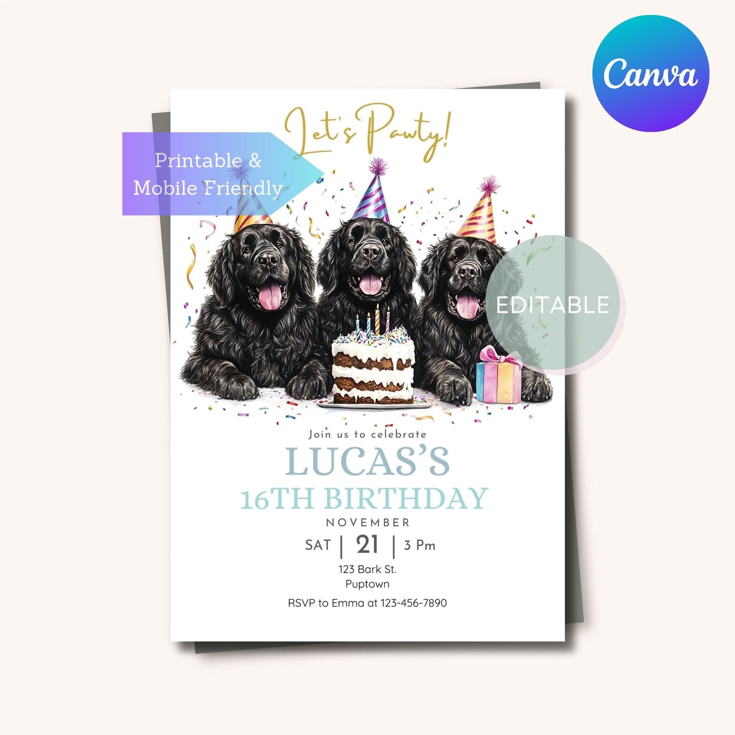 Printable celebration card for a Newfoundland dog-themed birthday party