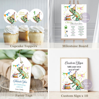 Bundle of birthday-themed products including cupcake toppers, milestone board, favor tags, and custom signs with a chameleon design.
