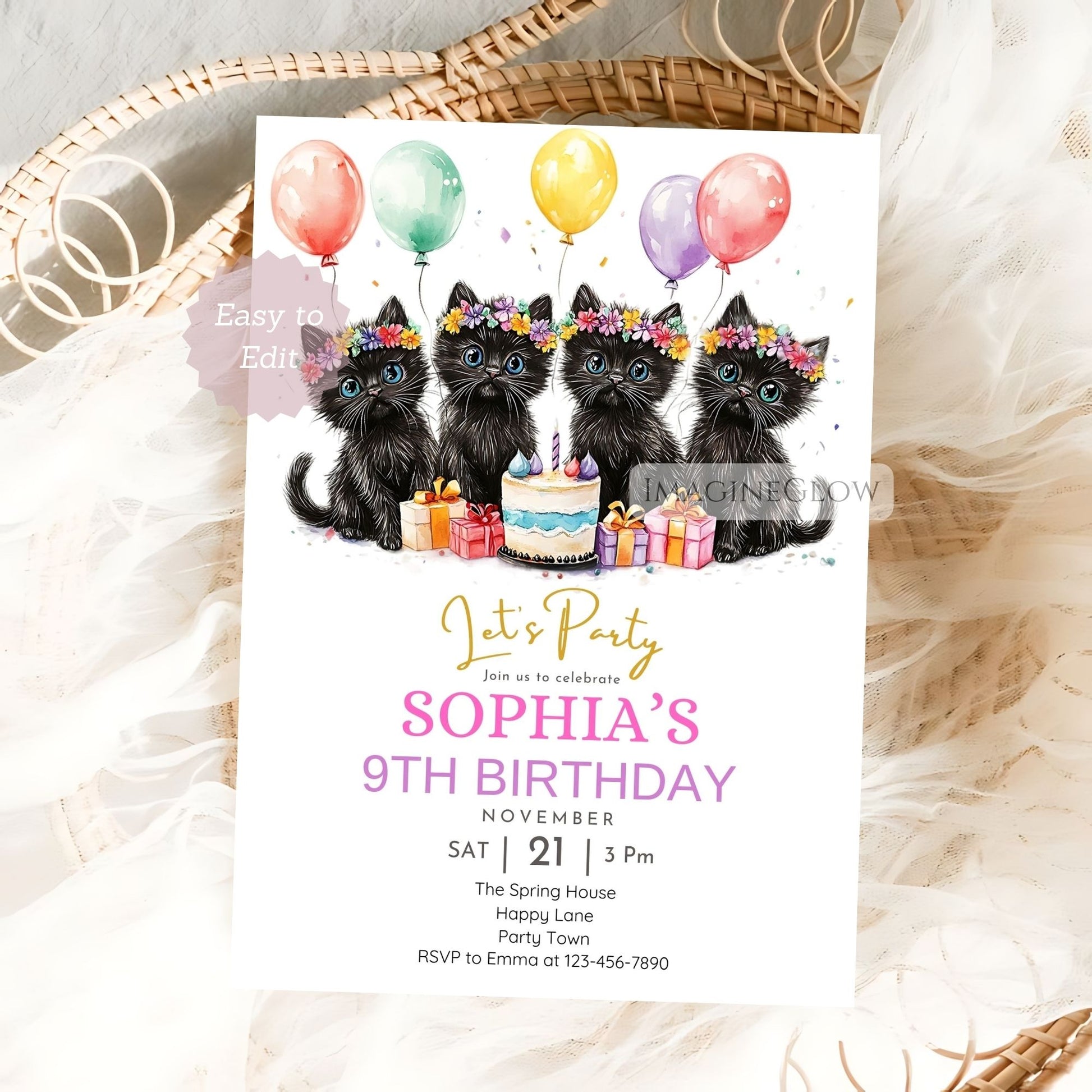 Cute black kittens floral birthday party invitation editable
