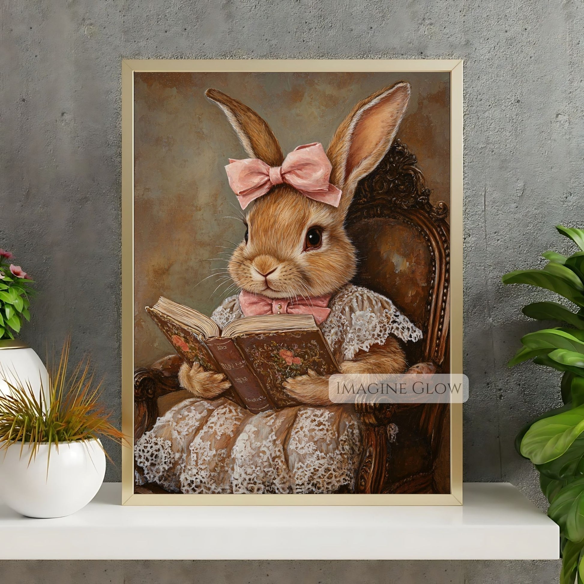 Bunny reading book vintage art print
