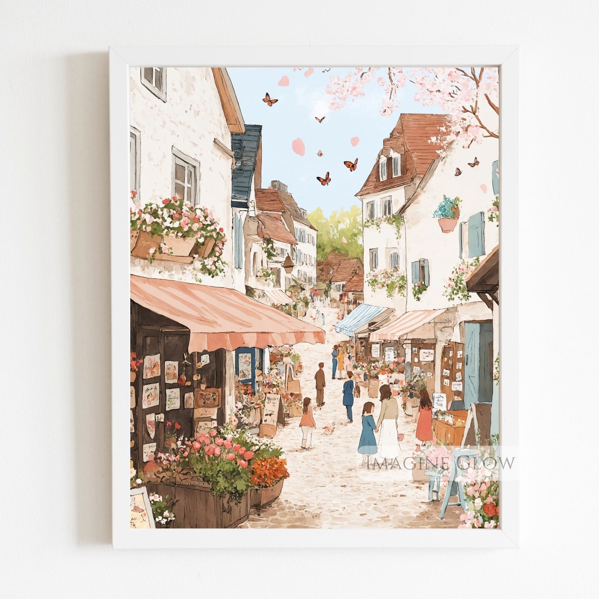 Charming flower-filled street in a spring town with market stalls.
