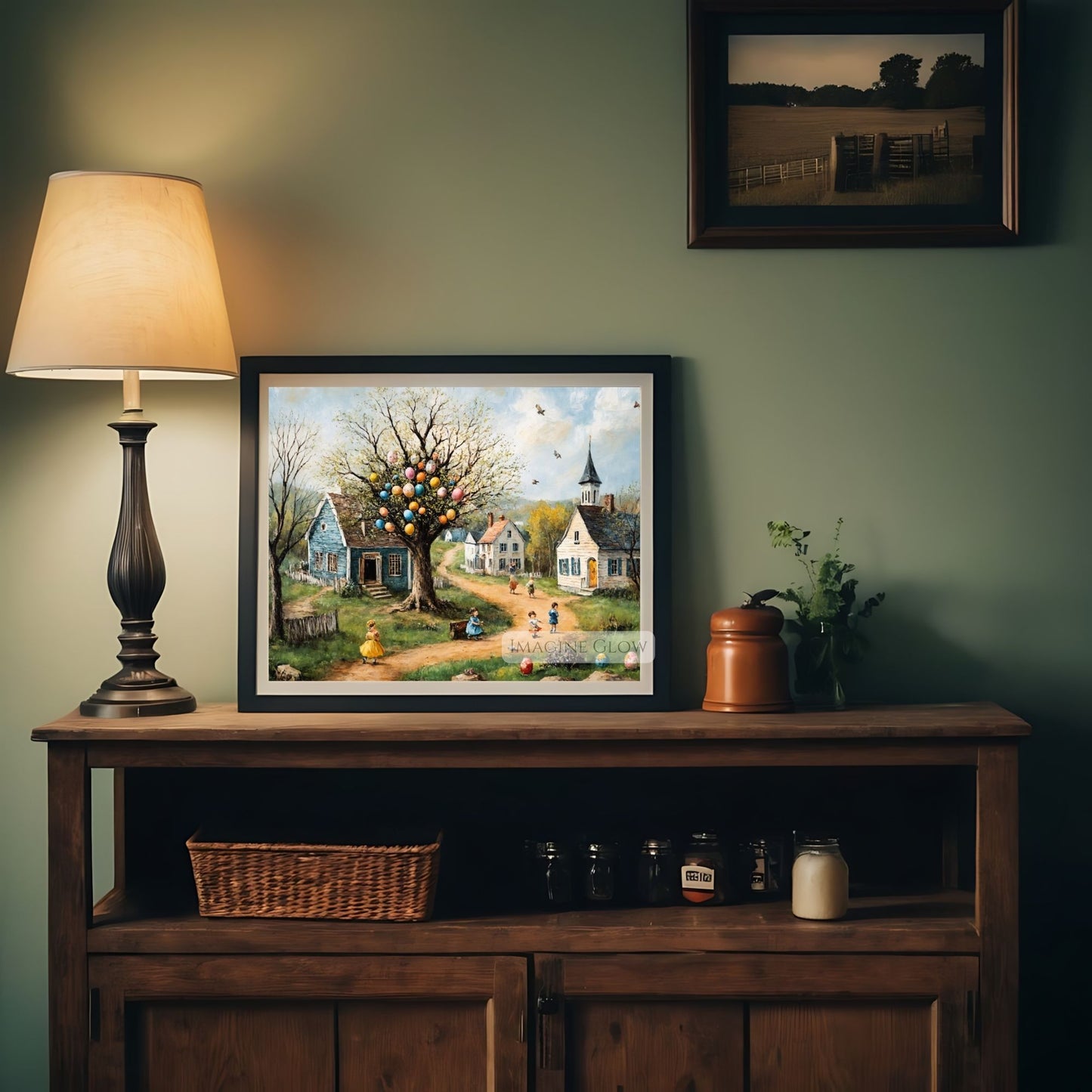 Spring Easter Village with Egg Tree Art Print
