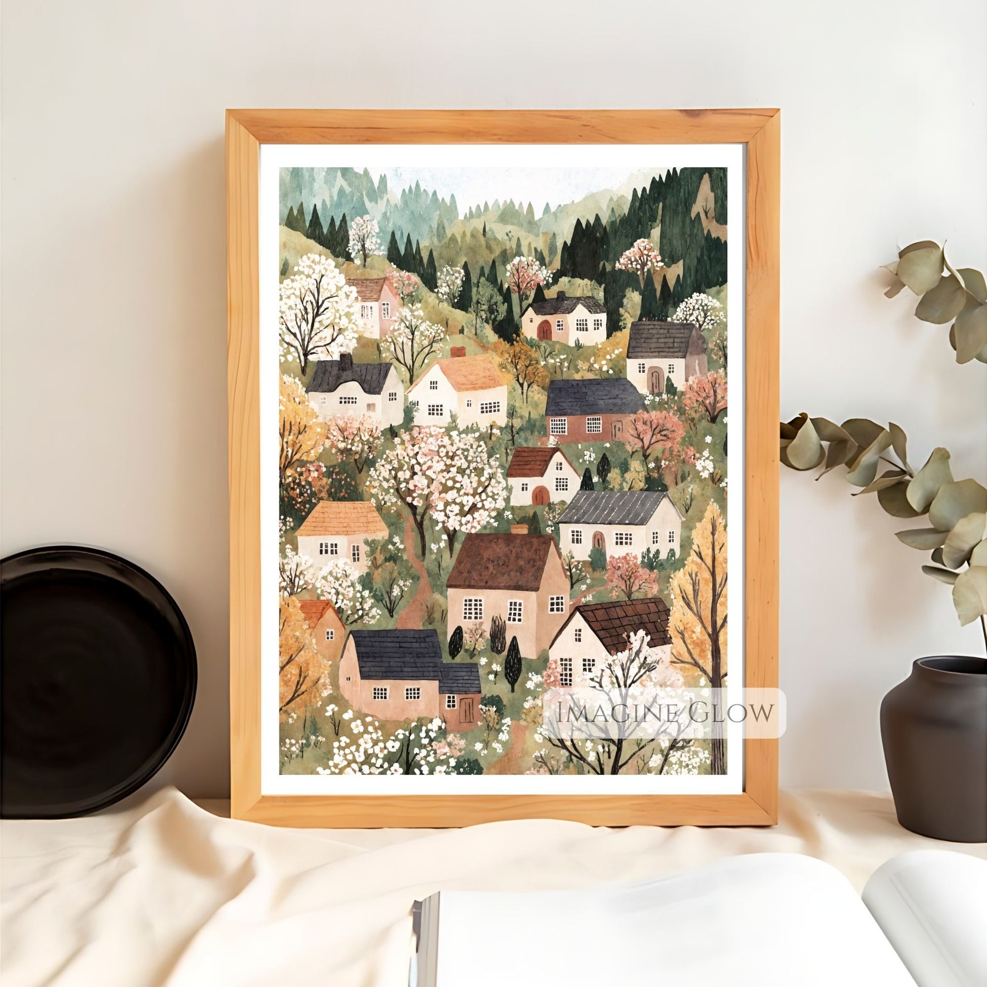 Hand-drawn spring village with blossoming trees
