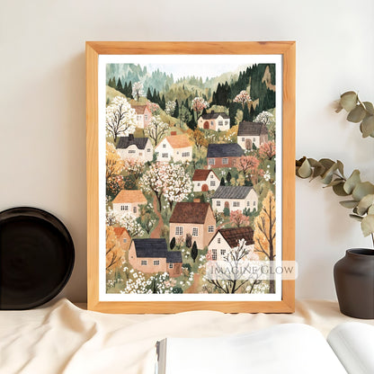 Hand-drawn spring village with blossoming trees
