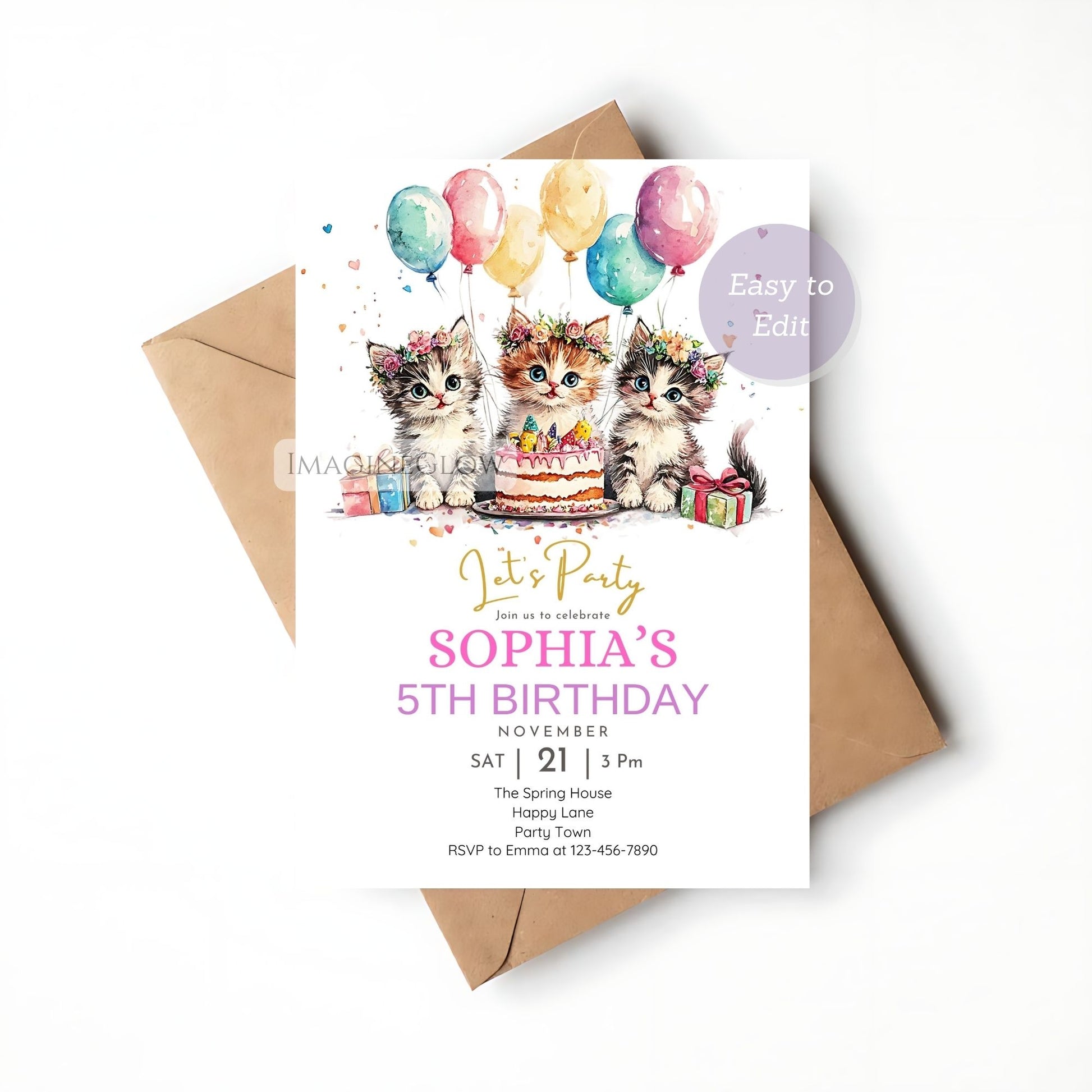 Floral kitten birthday party invitation template
