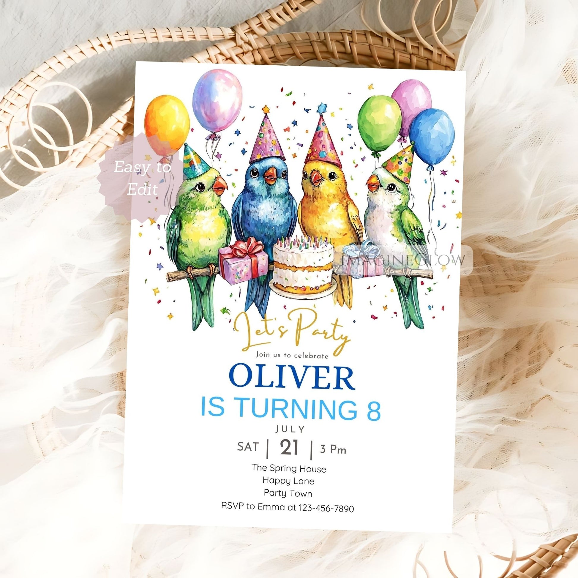 Colorful lovebird birthday invitation design
