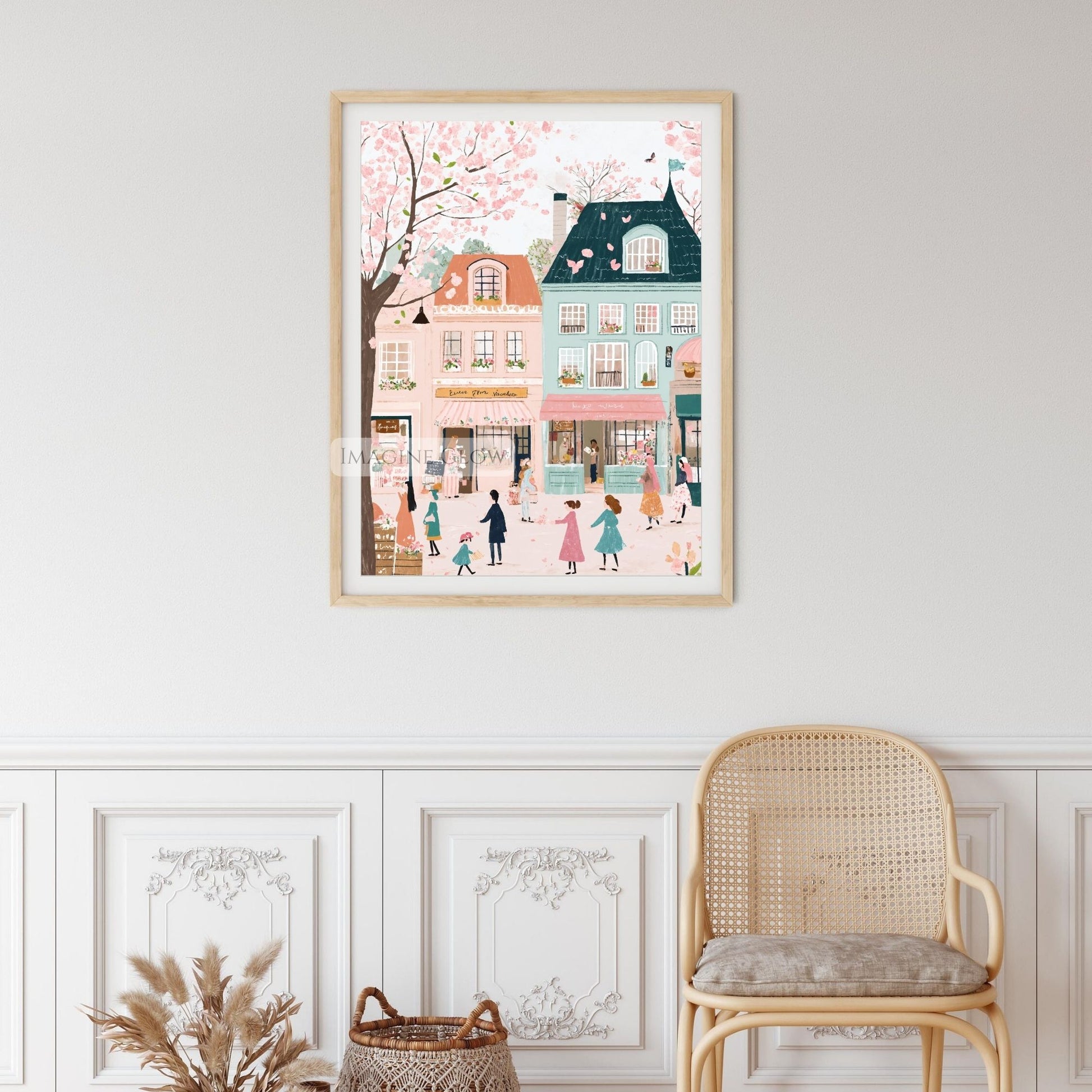 Hand-Drawn Cherry Blossoms and Tulips in Old Town Art
