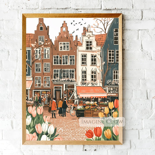 Hand-drawn old town spring illustration with tulips and cherry blossoms.
