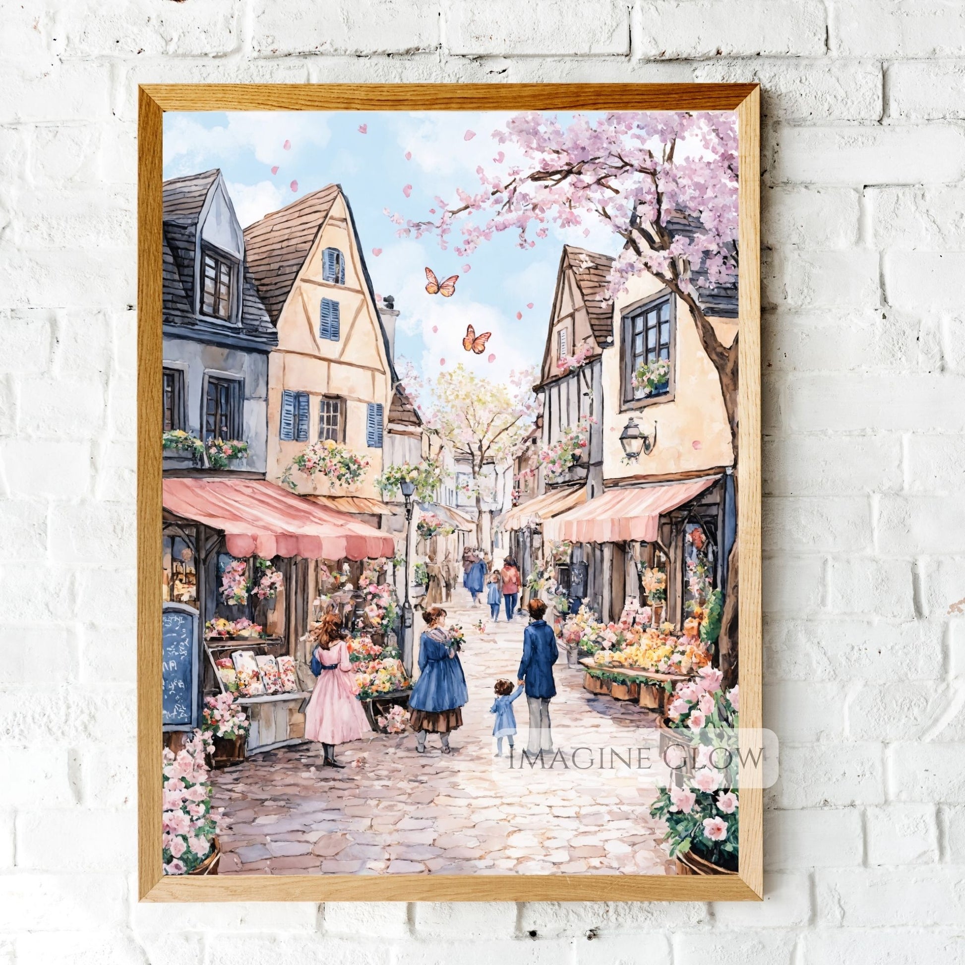 Hand-drawn old town flower market with cobblestone streets and spring blooms.
