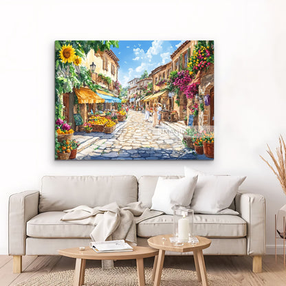 Romantic cityscape with pastel houses, floral accents, and fruit stands.
