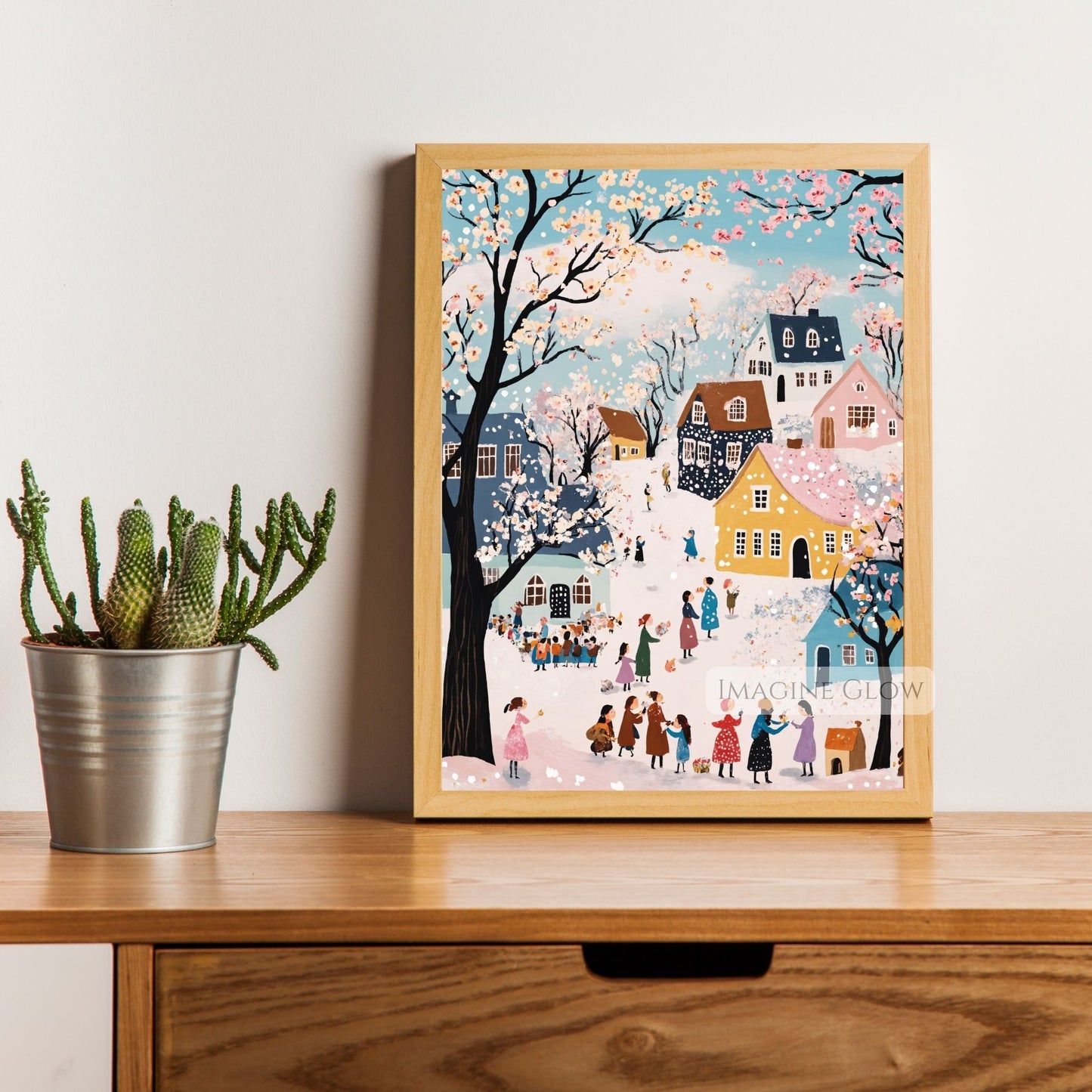 Enchanting fairytale village with pastel colors and a snowy spring scene.
