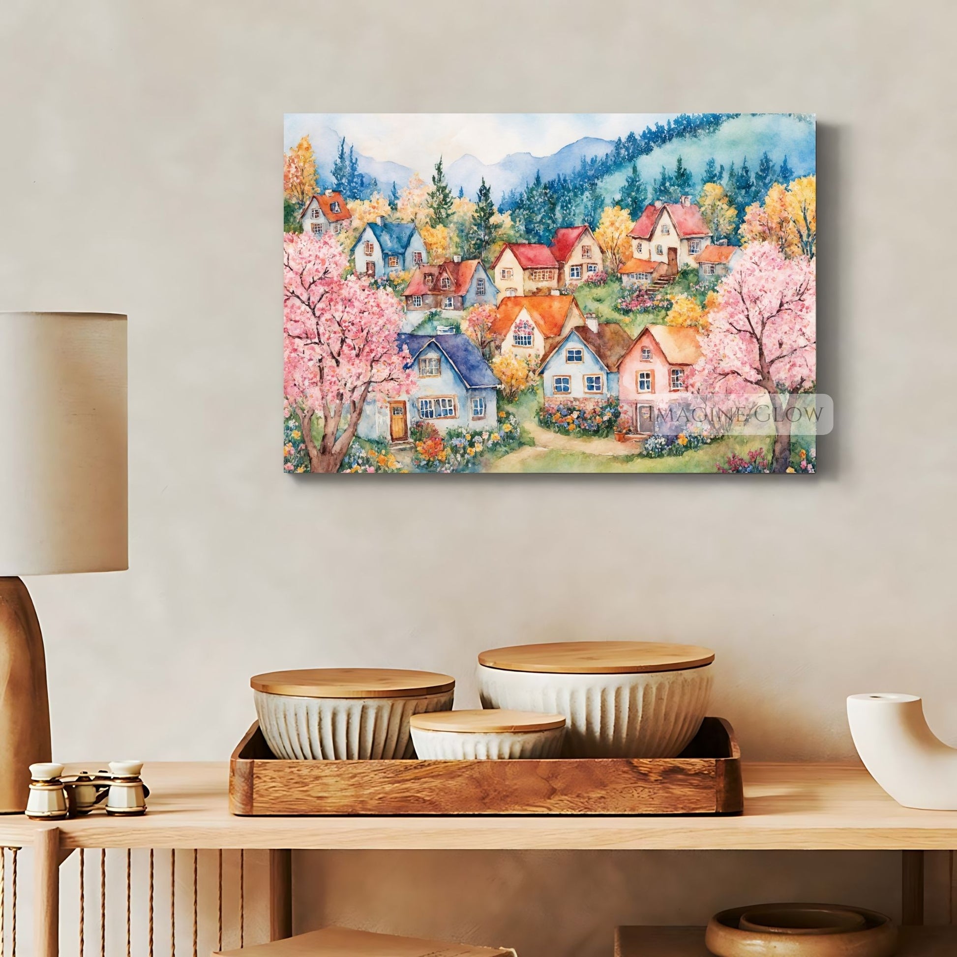 Idyllic spring village illustration with floral accents
