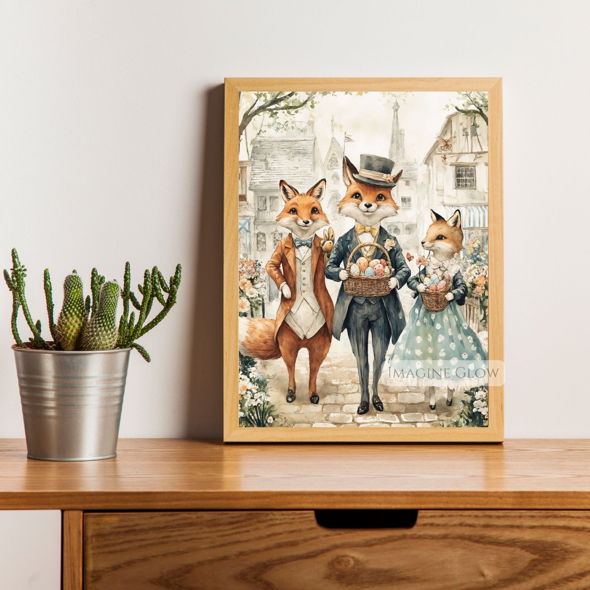 Vintage Easter Fox Illustration - Floral Basket Art
