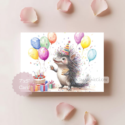 Birthday card with a hedgehog wearing a party hat and balloons on a light pink background.