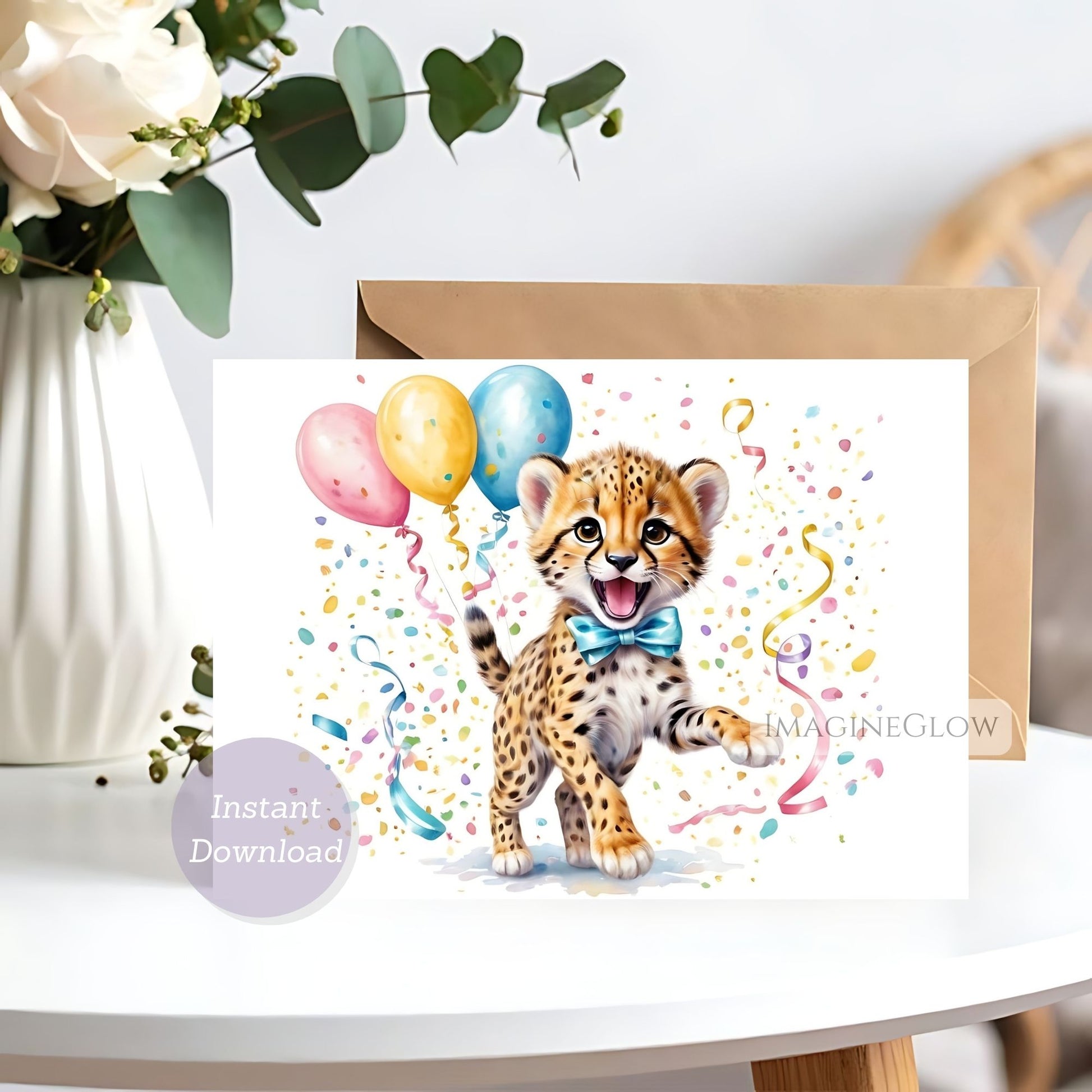 Greeting card with a cheetah cub holding balloons on a white background.