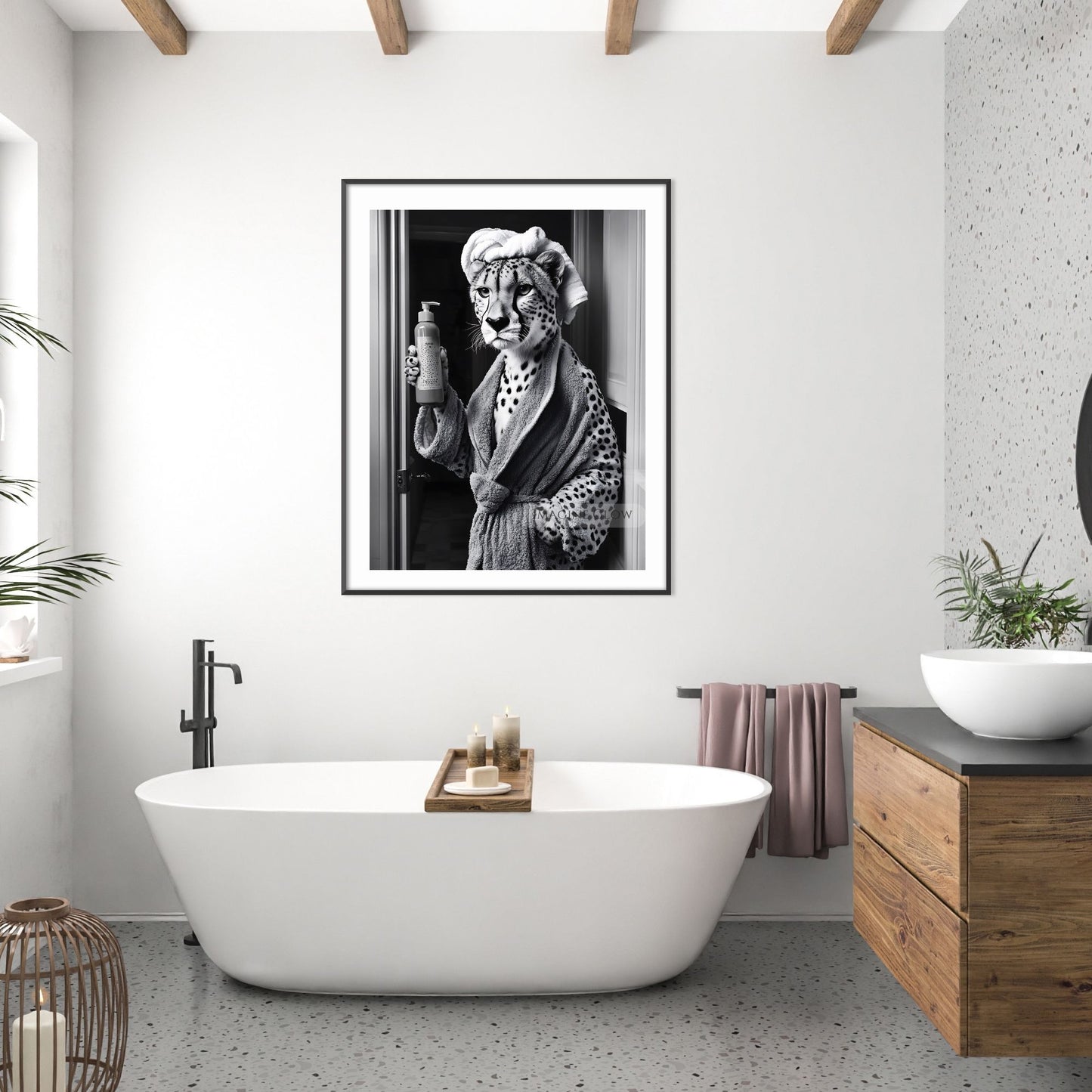 Cheetah wall art for modern bathroom
