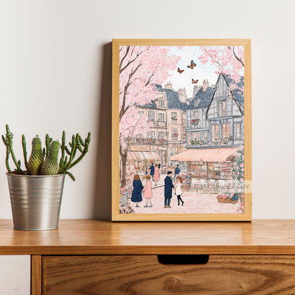 Soft pastel-hued townscape with springtime blooms and cozy streets.