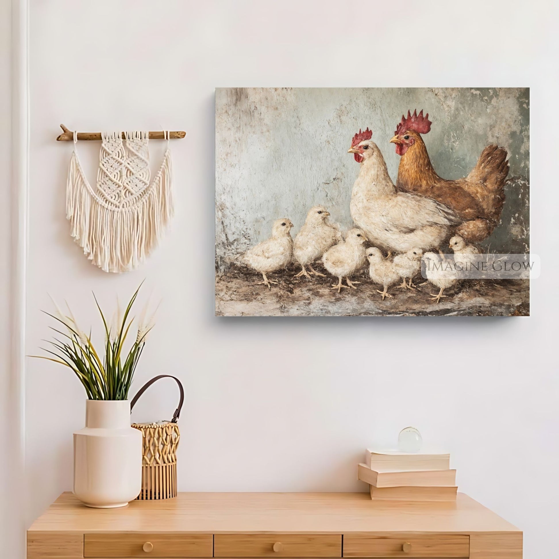 Rustic chicken family vintage painting
