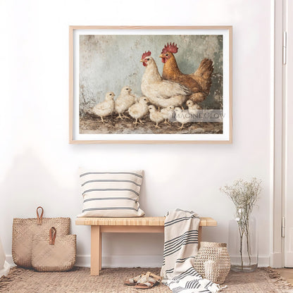 Oil painting of chicken and chicks in vintage style
