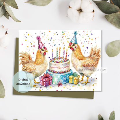 Birthday card with chickens and a cake on a white background