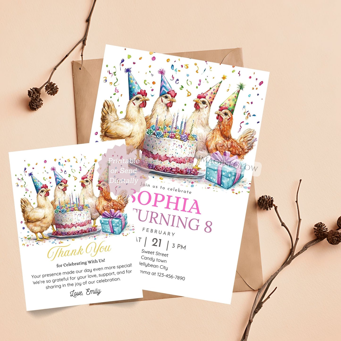 Chicken birthday invitation and thank you card printable set
Editable chicken birthday invite with matching thank you card
