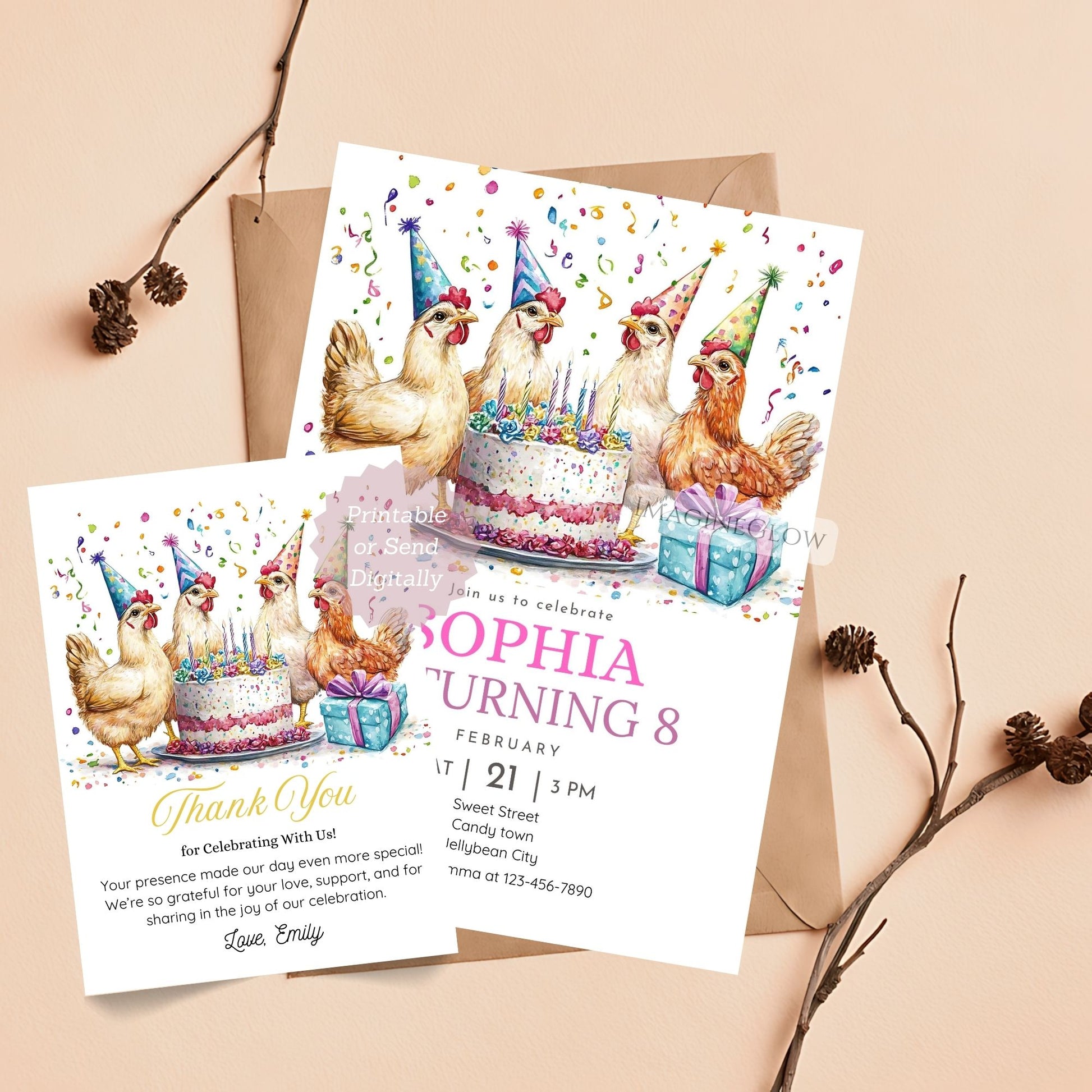 Chicken birthday invitation and thank you card printable set
Editable chicken birthday invite with matching thank you card
