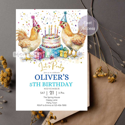 Editable farm theme birthday card
Chicken-themed birthday invitation digital download
