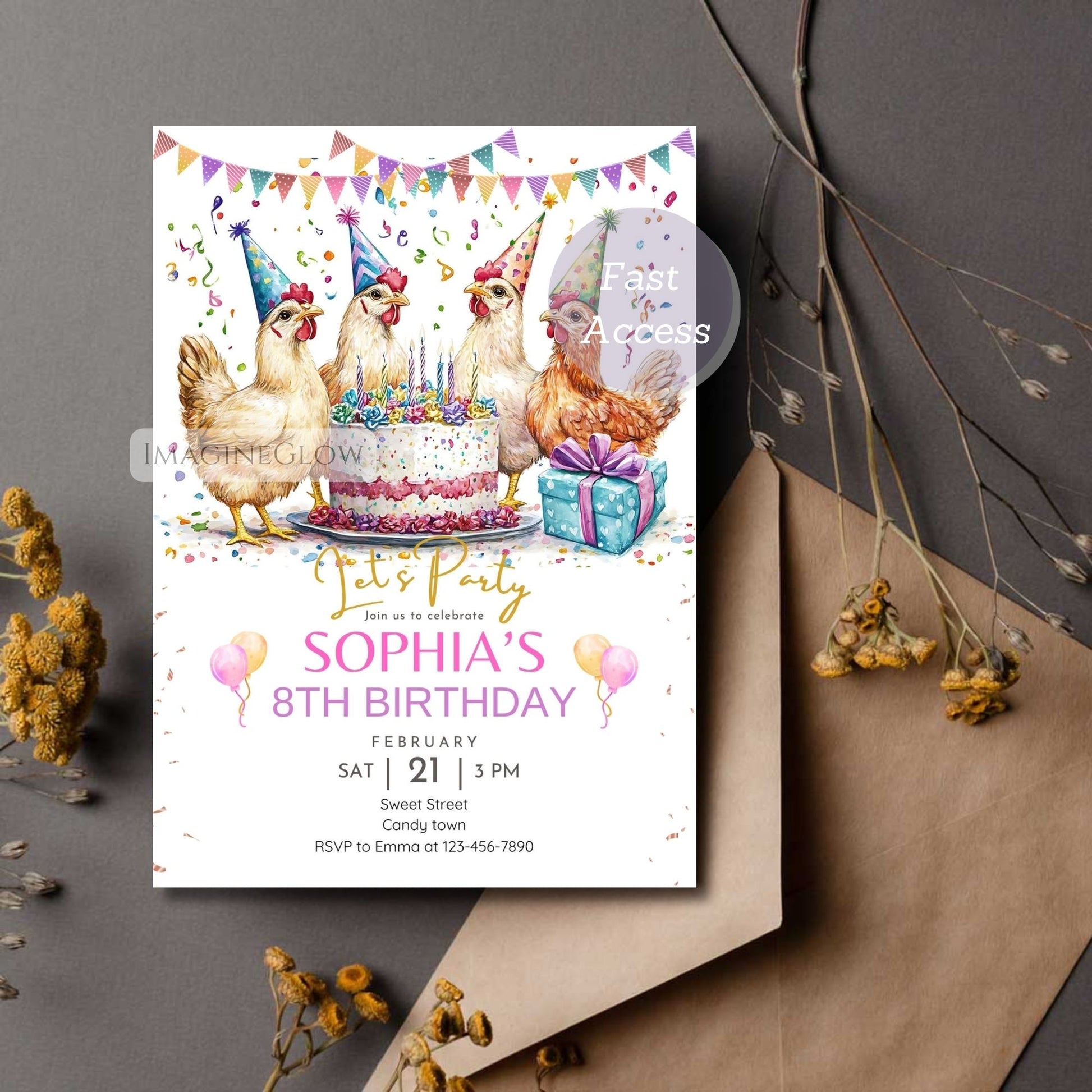 chicken birthday invitation
farm animal kids party invite
