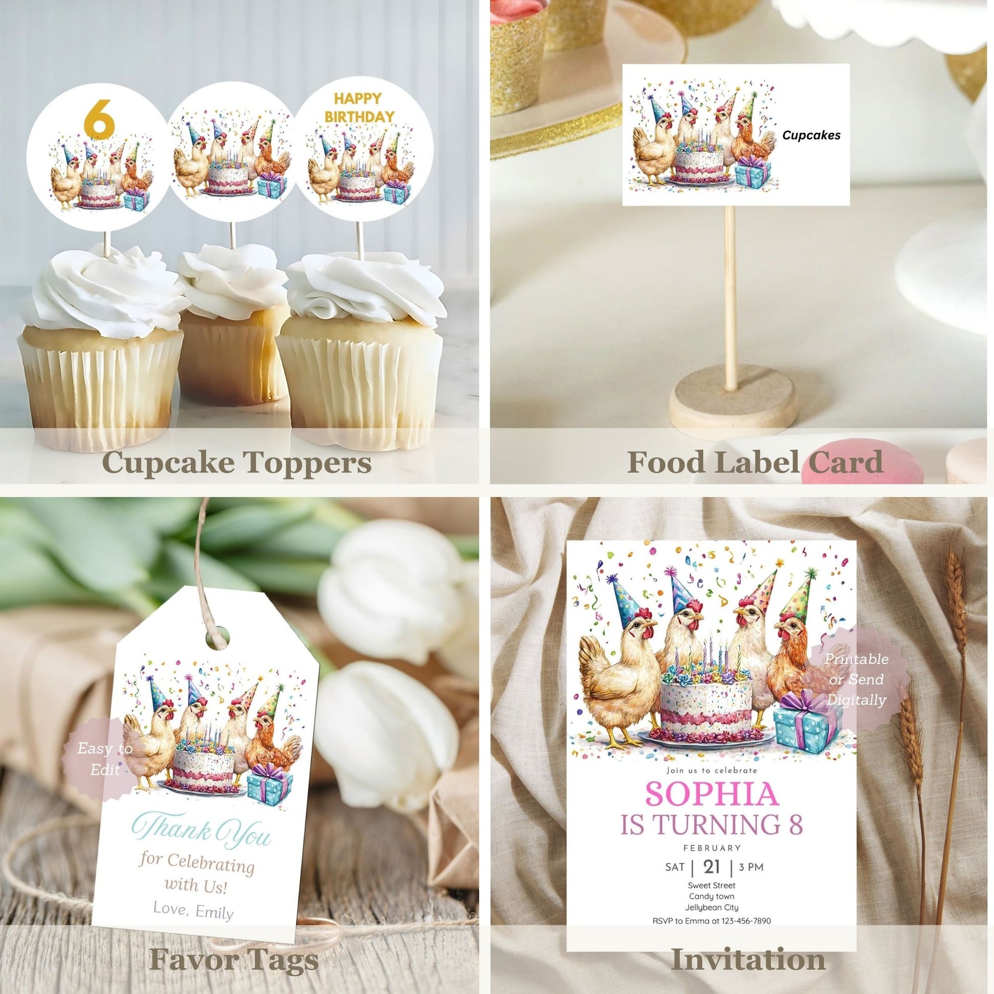Editable farm-themed birthday set with chickens
