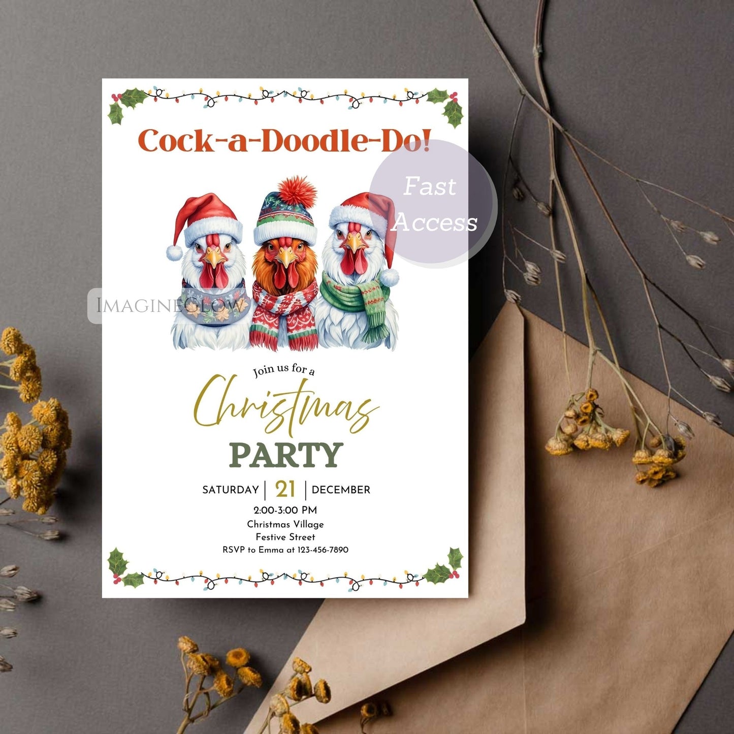 chicken christmas party invitation printable
rooster holiday invite template editable
farmhouse christmas party invitation
rustic chicken holiday invitation card
