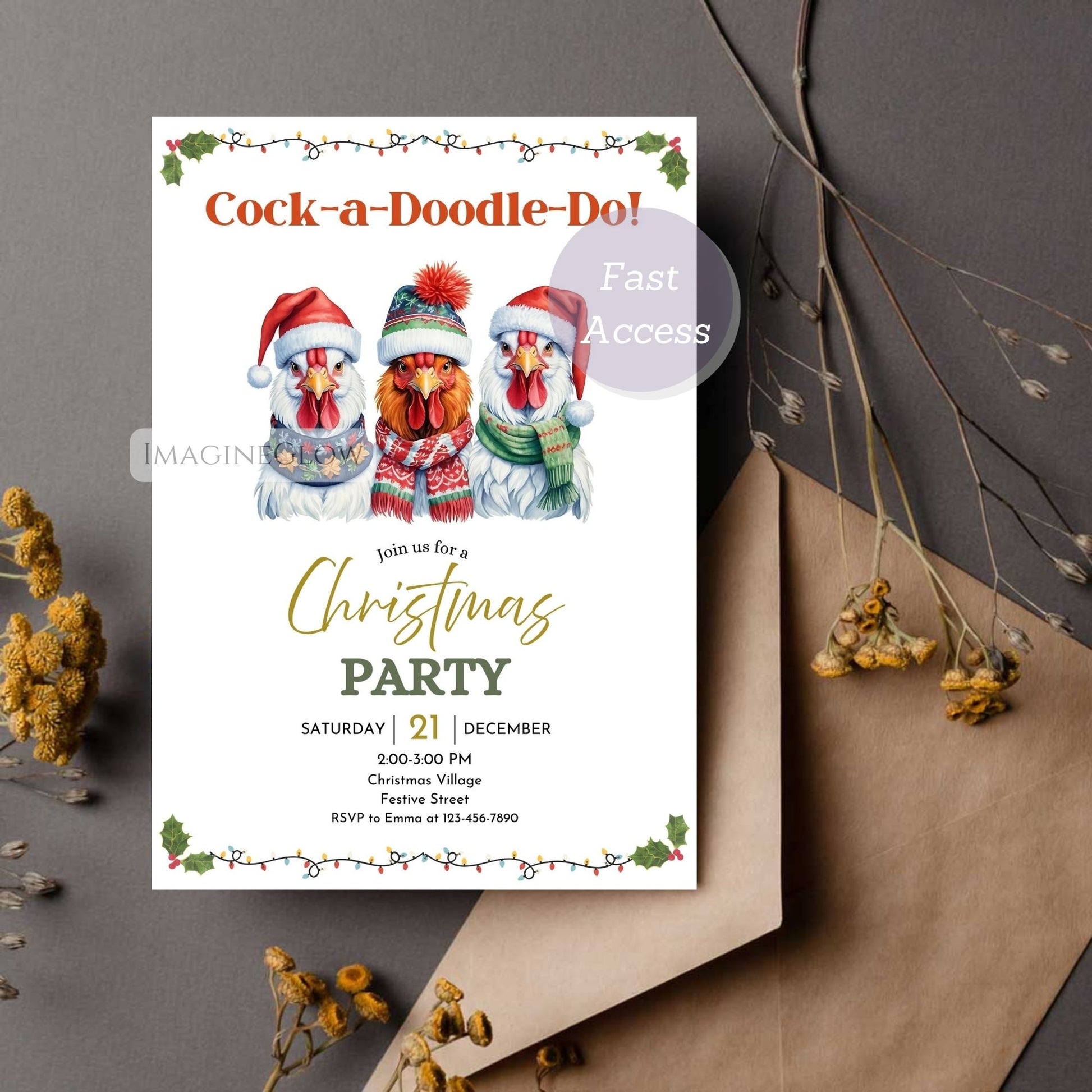 chicken christmas party invitation printable
rooster holiday invite template editable
farmhouse christmas party invitation
rustic chicken holiday invitation card
