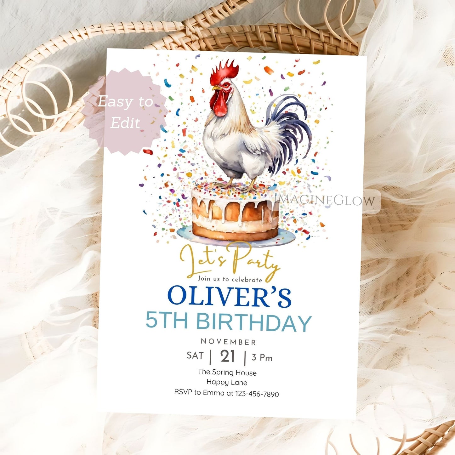 Birthday invitation card with rooster design on a white background