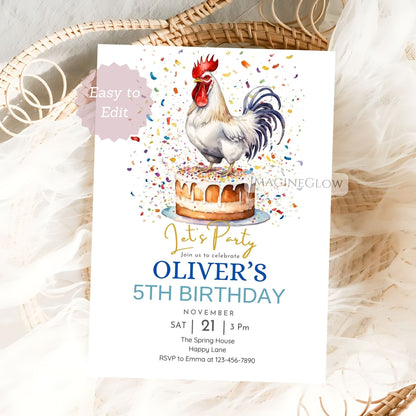Birthday invitation card with rooster design on a white background