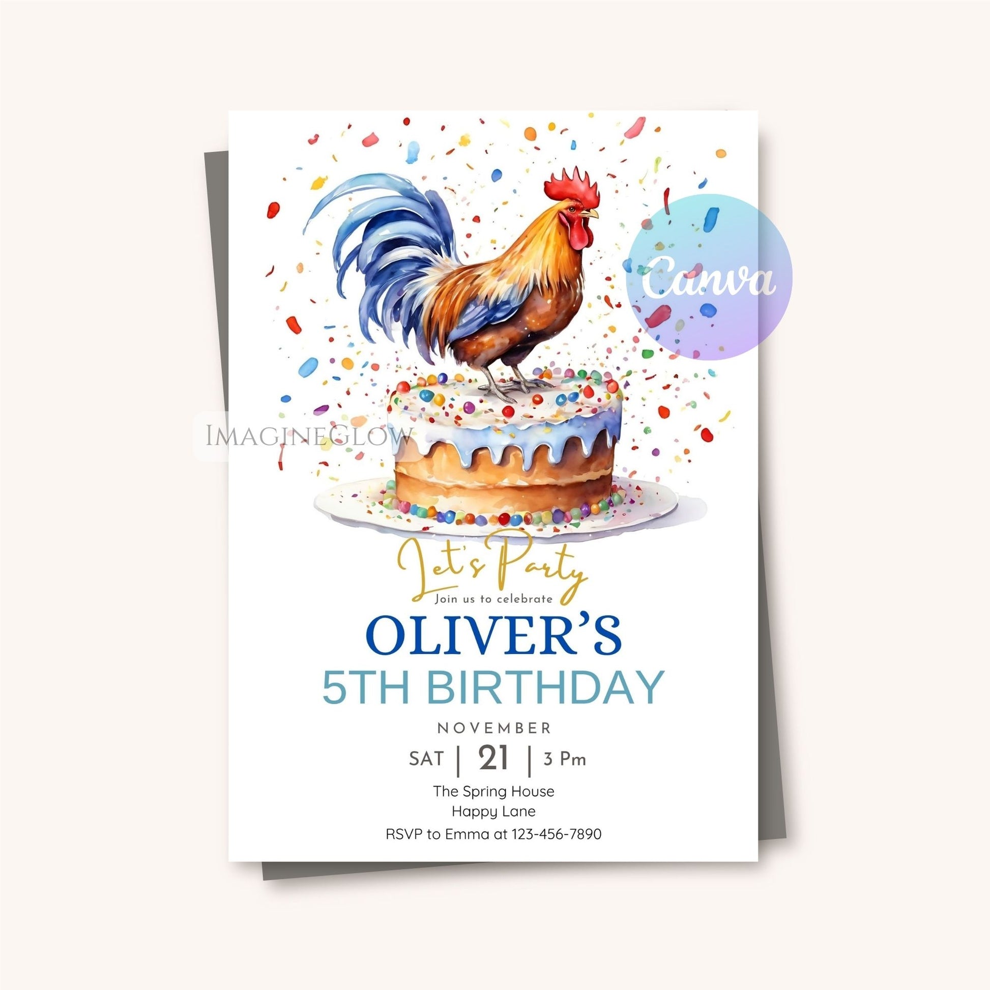 Birthday party invitation with a rooster on a cake and colorful confetti