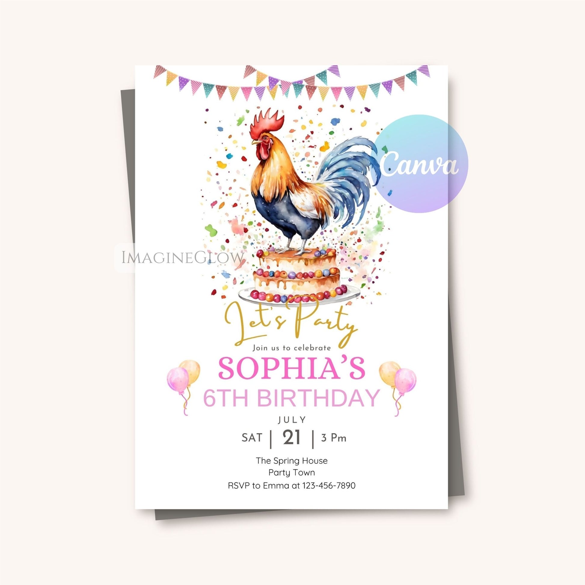 Birthday party invitation with rooster and cake design on a white background